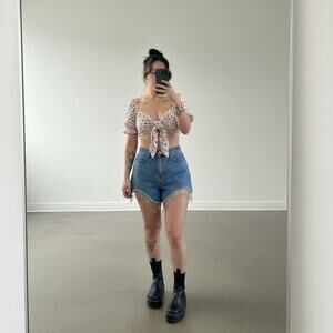 Festival High Rise Dangle Rhinestone Bedazzled Light Denim Shortie Shorts